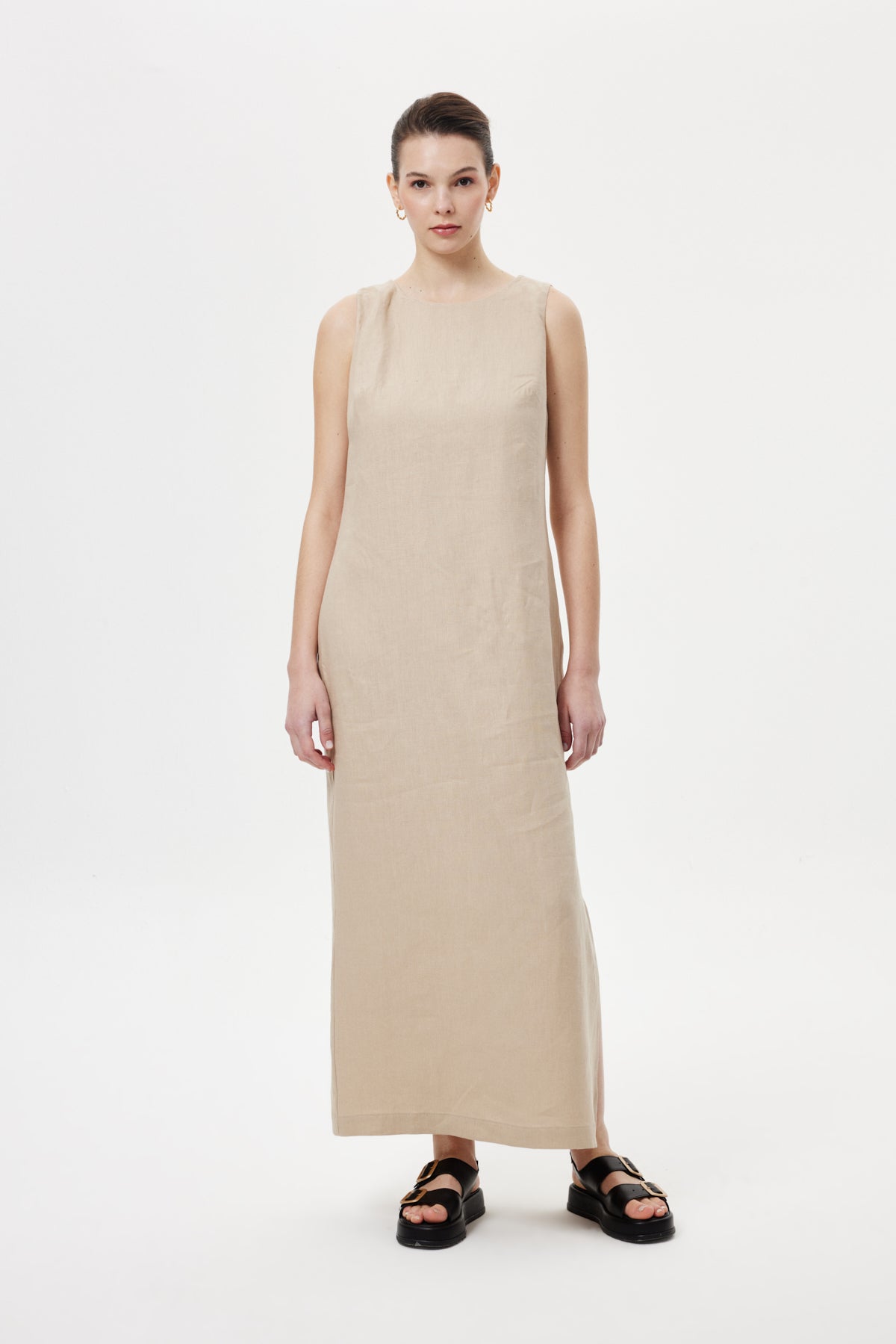 Regular-Fit Keten Elbise Bej