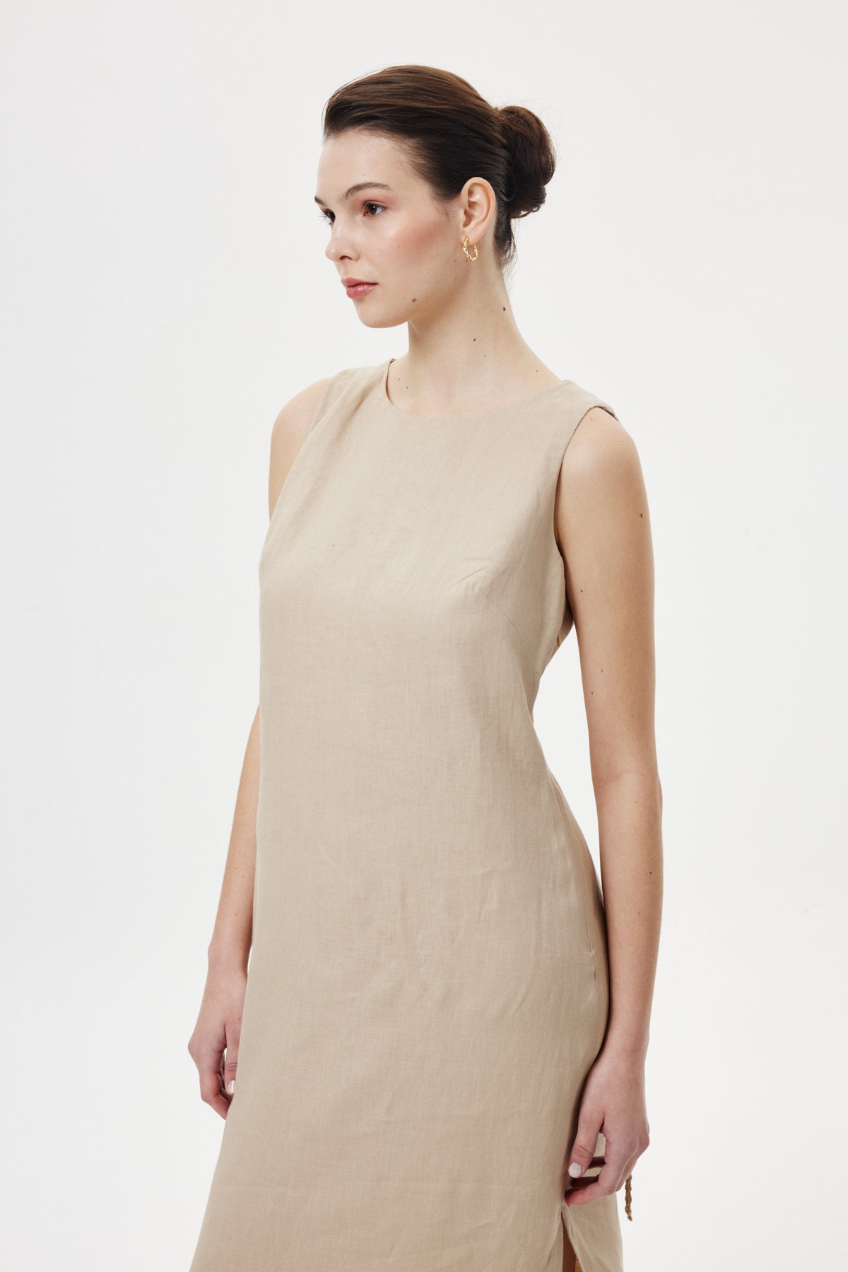 Regular-Fit Keten Elbise Bej