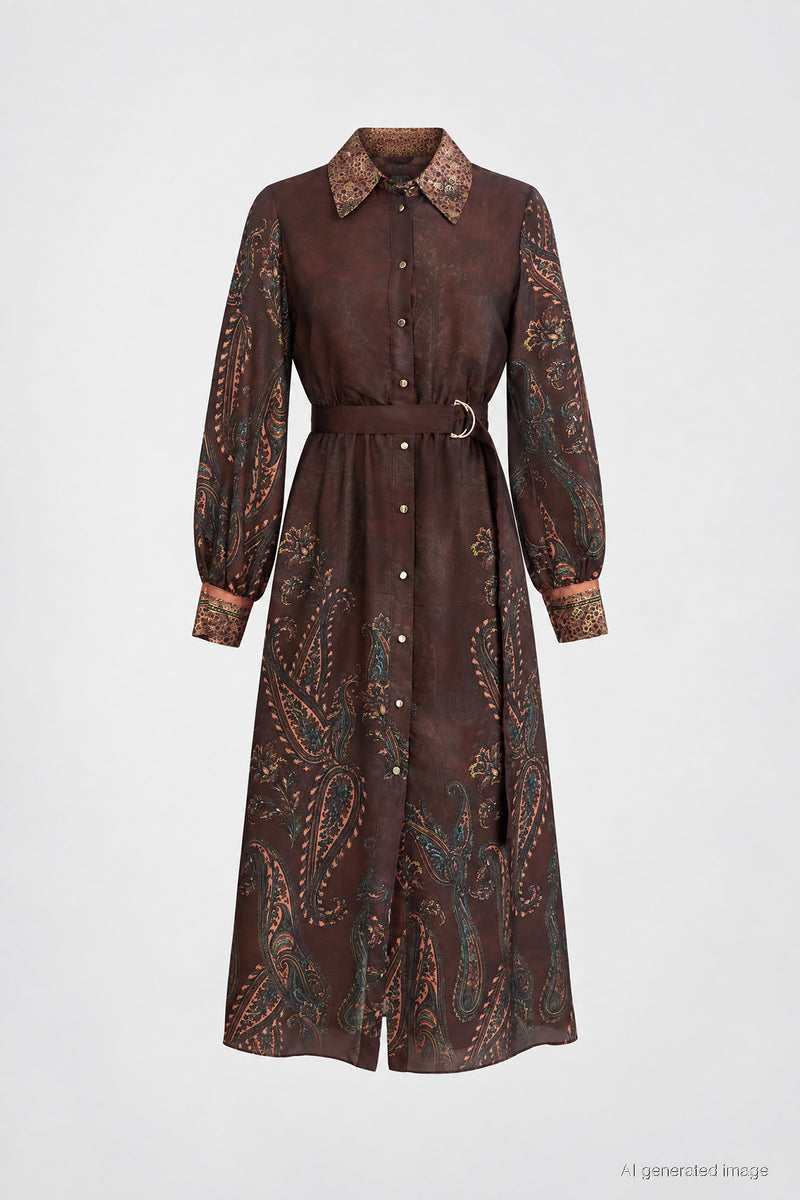 Kahverengi Gömlek Yaka Balon Kollu Tokalı Kemerli Desenli Midi Elbise