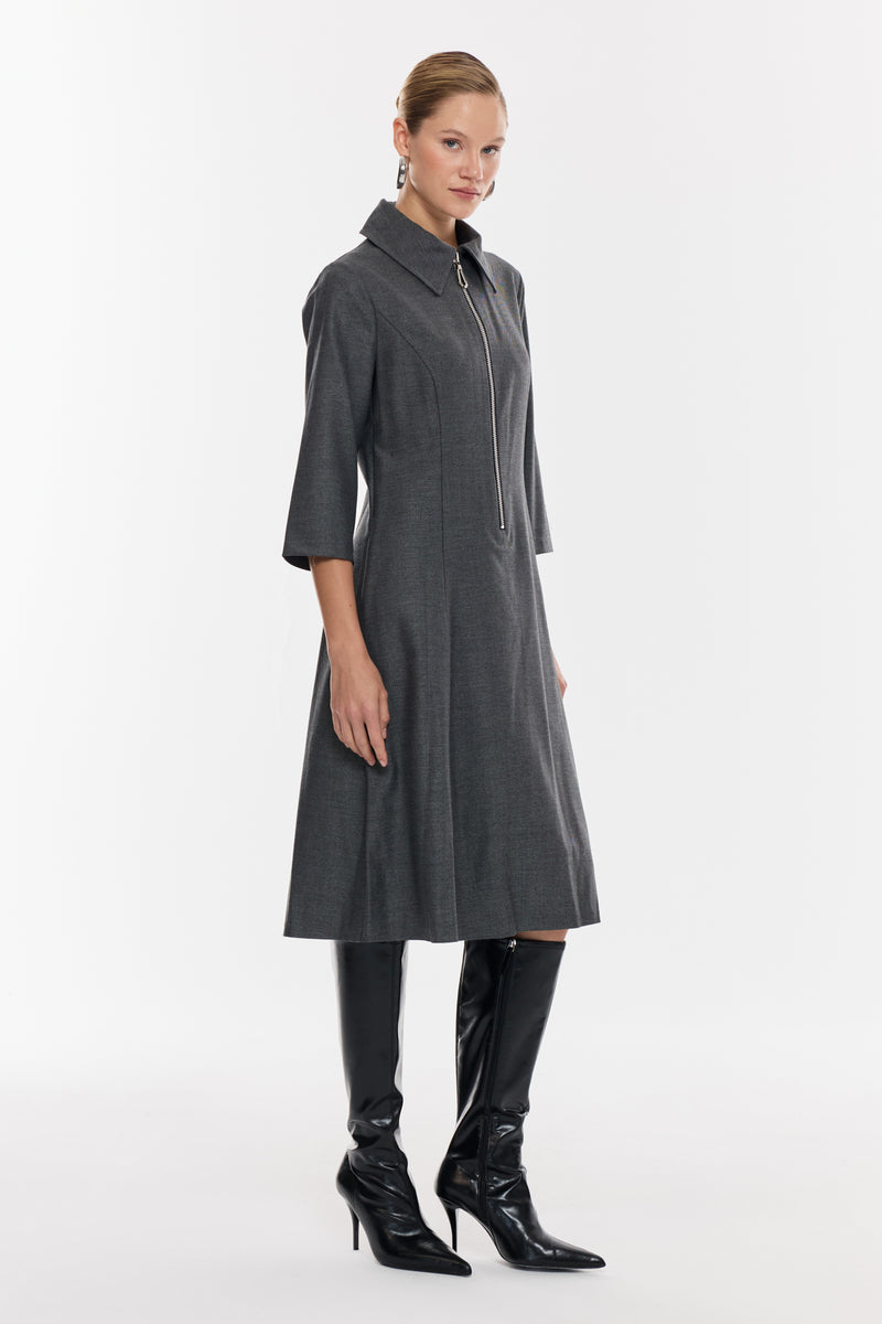 Fermuar Detaylı Yaka Midi Elbise