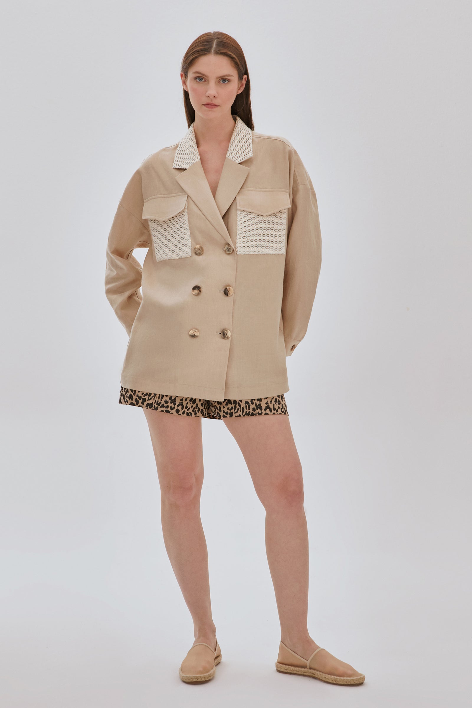 Garnili Kruvaze Keten Ceket BEJ