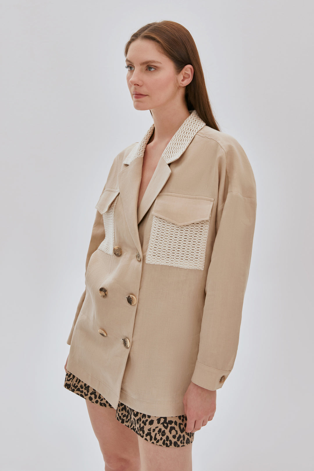 Garnili Kruvaze Keten Ceket BEJ