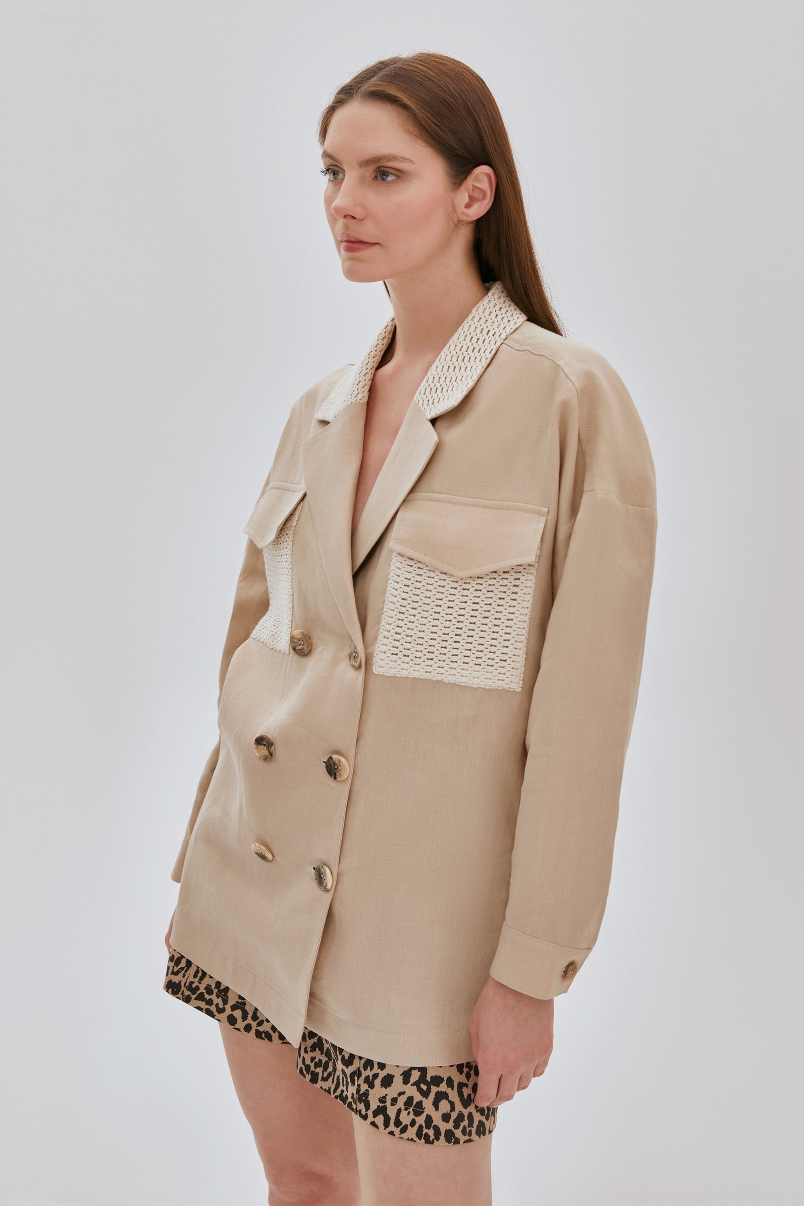 Garnili Kruvaze Keten Ceket BEJ