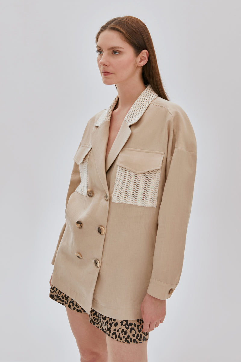 Garnili Kruvaze Keten Ceket BEJ