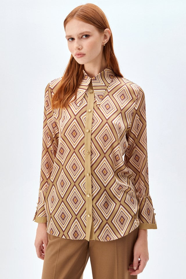 Geometrik Desenli, Kol ve Yaka Detaylı Kadın Gömlek Olive