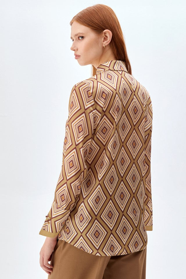 Geometrik Desenli, Kol ve Yaka Detaylı Kadın Gömlek Olive