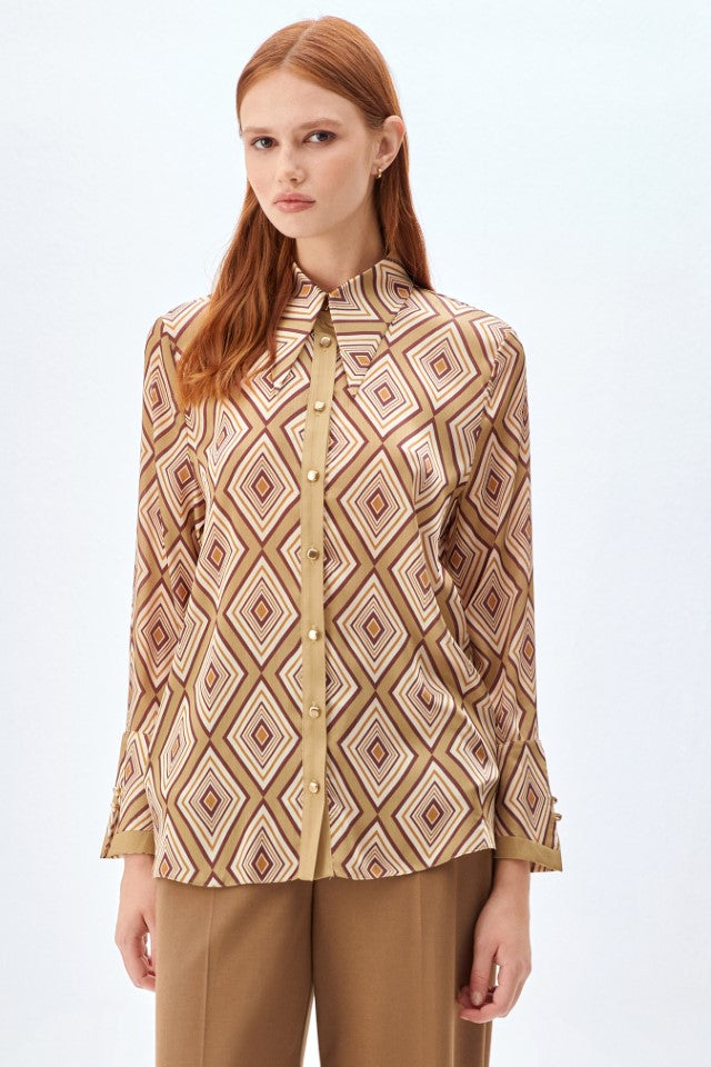 Geometrik Desenli, Kol ve Yaka Detaylı Kadın Gömlek Olive