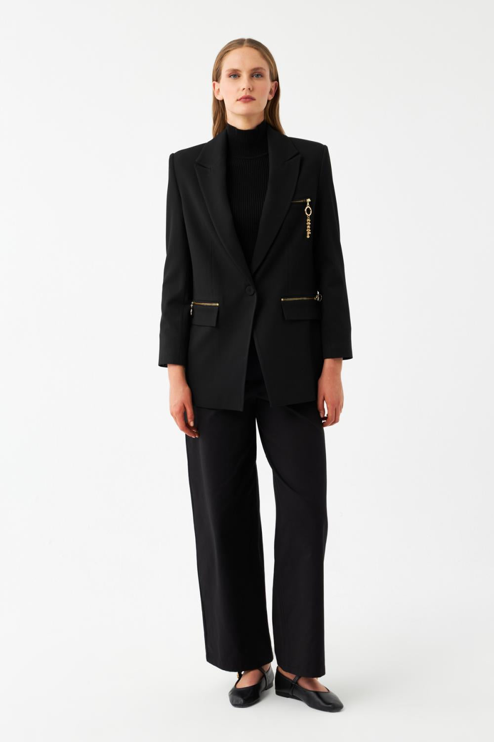 Kadın Antrasit Gold Fermuar Detaylı Oversize Blazer Ceket