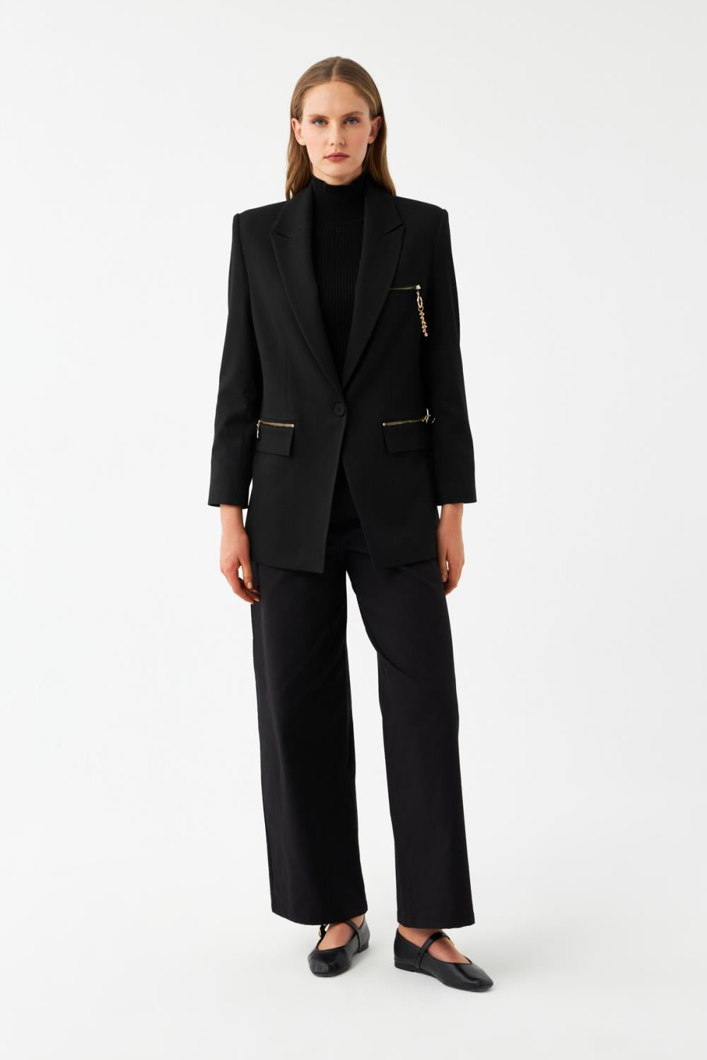Kadın Antrasit Gold Fermuar Detaylı Oversize Blazer Ceket