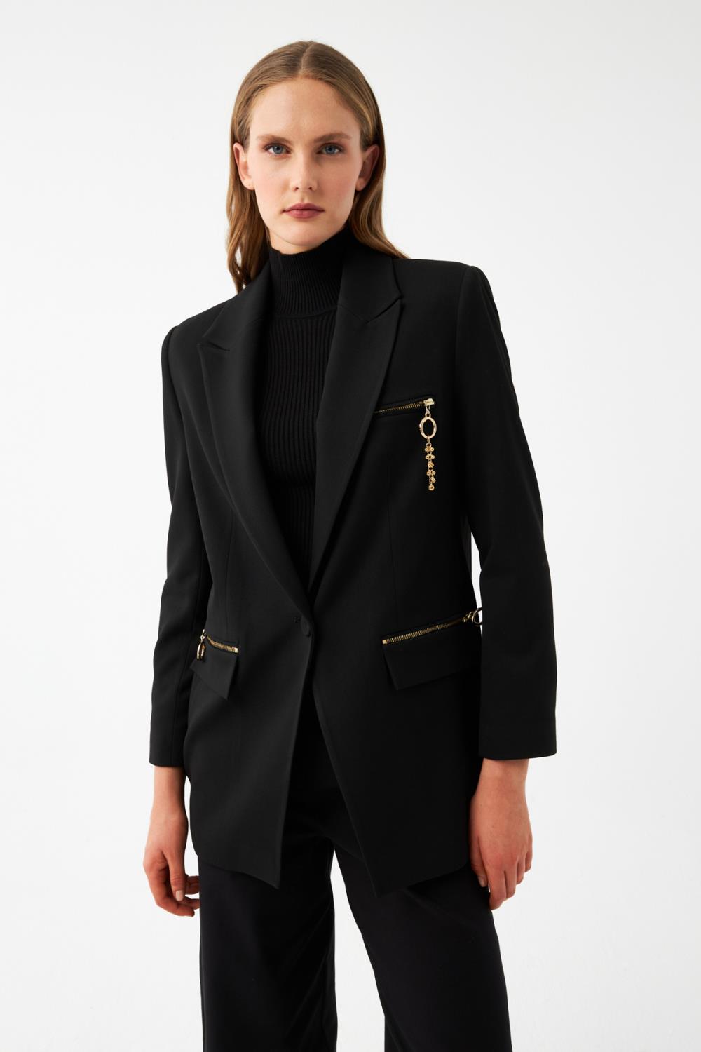 Kadın Antrasit Gold Fermuar Detaylı Oversize Blazer Ceket