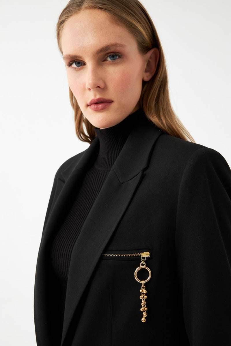 Kadın Antrasit Gold Fermuar Detaylı Oversize Blazer Ceket