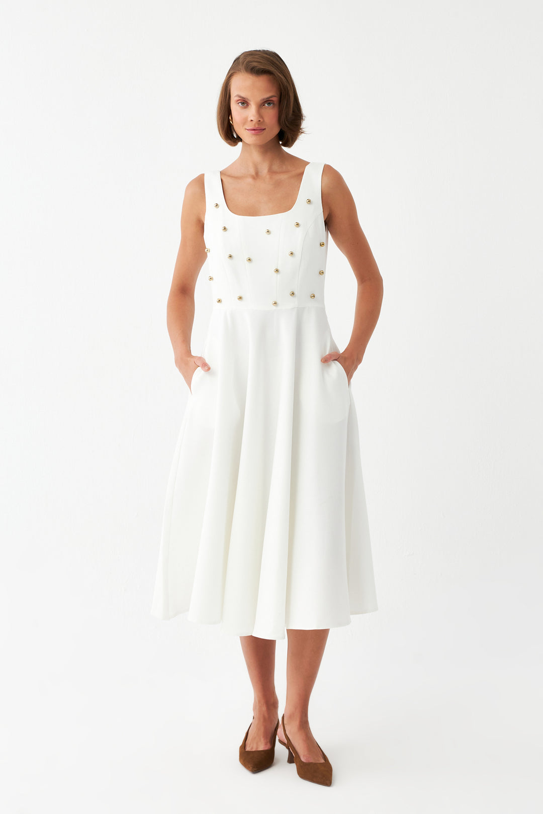 Kadın Ekru İnci Düğme Detaylı Midi Elbise