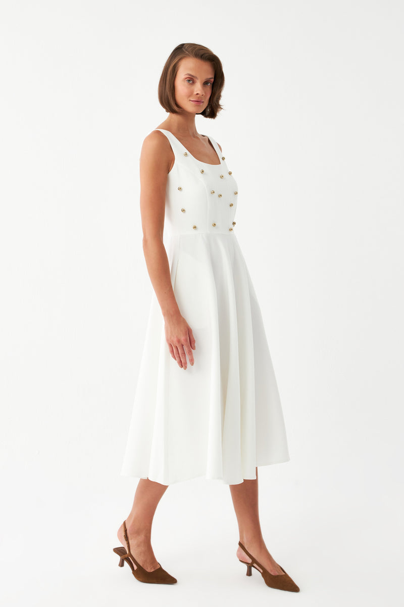 Kadın Ekru İnci Düğme Detaylı Midi Elbise