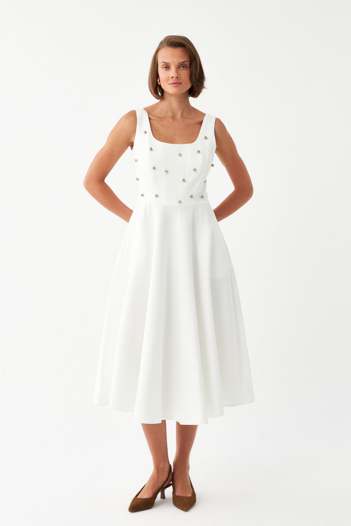 Kadın Ekru İnci Düğme Detaylı Midi Elbise