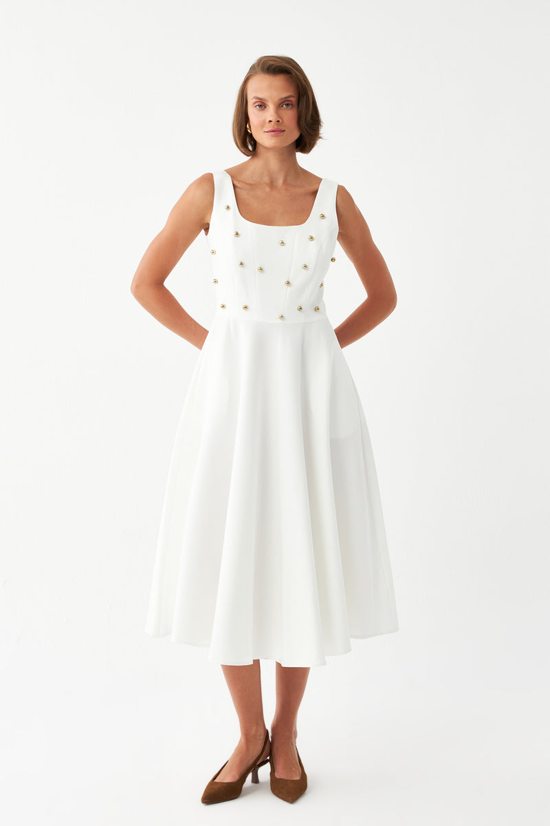 Kadın Ekru İnci Düğme Detaylı Midi Elbise