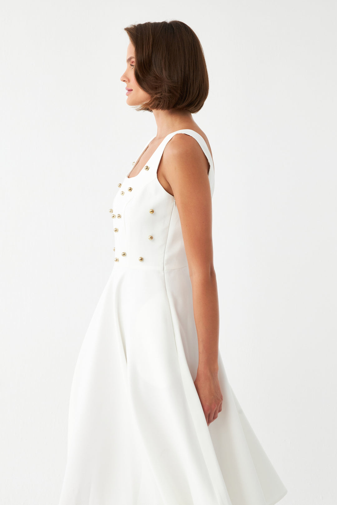 Kadın Ekru İnci Düğme Detaylı Midi Elbise
