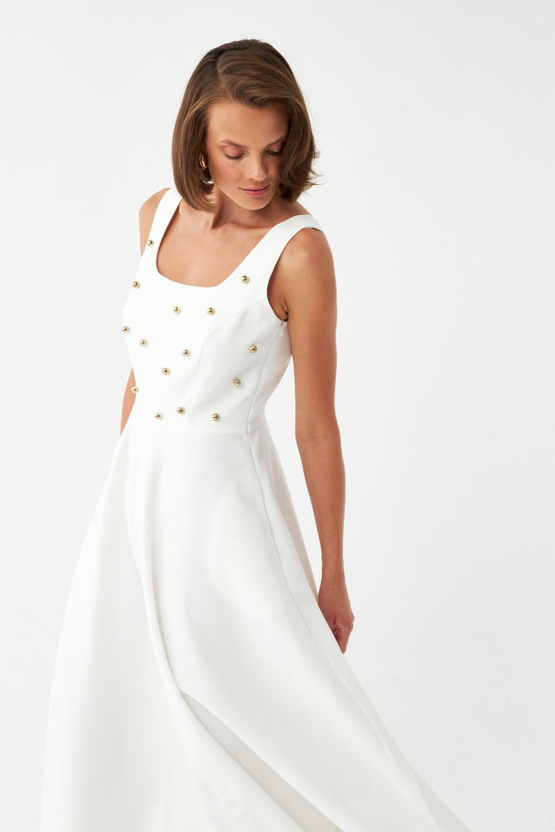 Kadın Ekru İnci Düğme Detaylı Midi Elbise