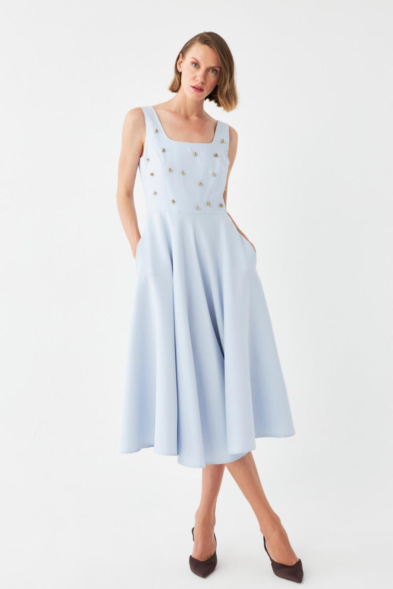 İnci Düğmeli Midi Elbise