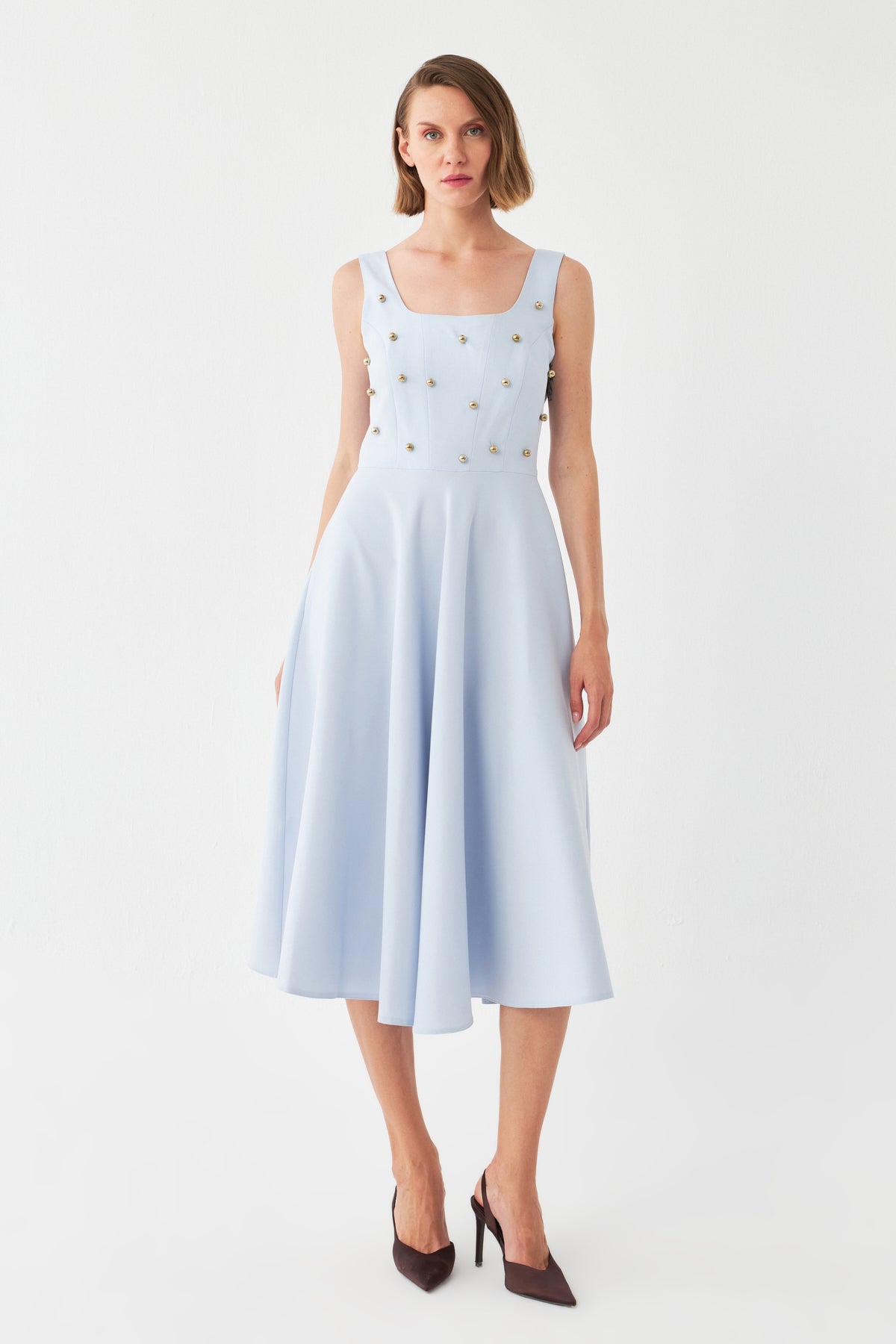 İnci Düğmeli Midi Elbise