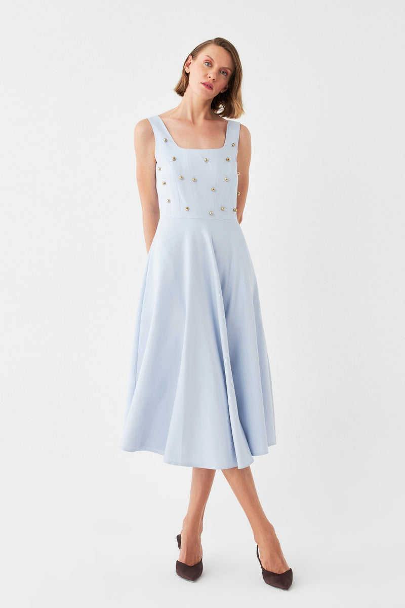 İnci Düğmeli Midi Elbise