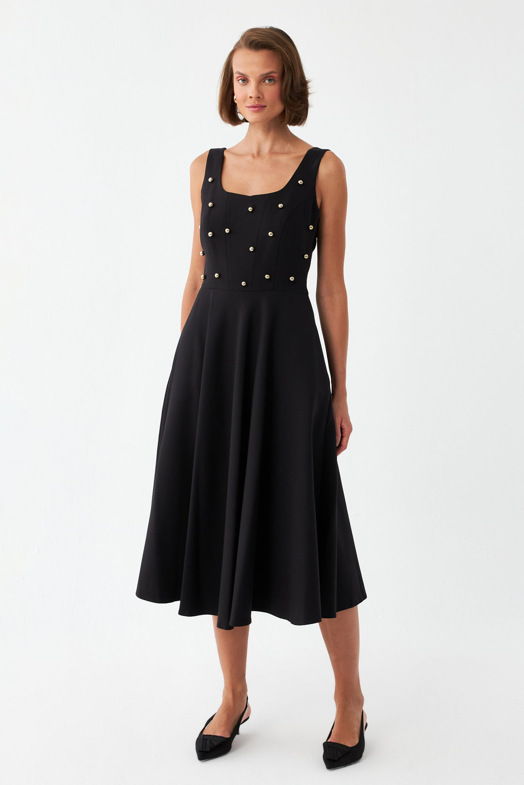 İnci Düğmeli Midi Elbise