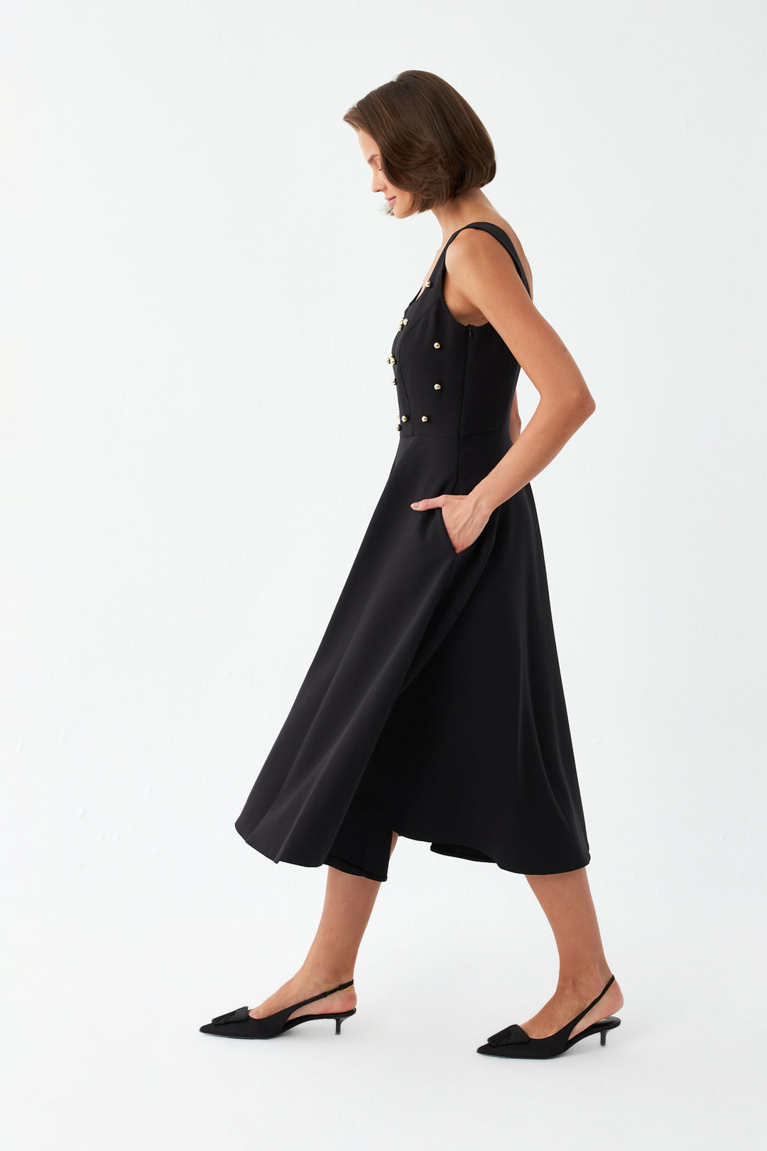 İnci Düğmeli Midi Elbise