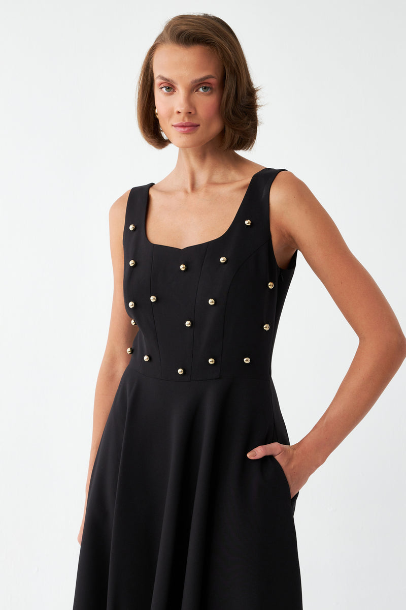 İnci Düğmeli Midi Elbise