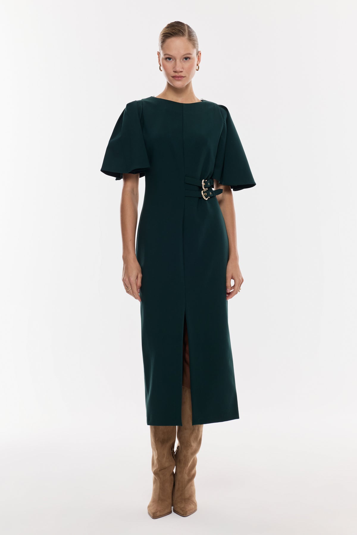 Kemer Detaylı Yırtmaçlı Midi Elbise