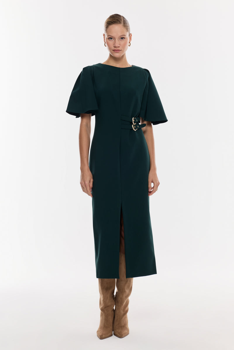 Kemer Detaylı Yırtmaçlı Midi Elbise