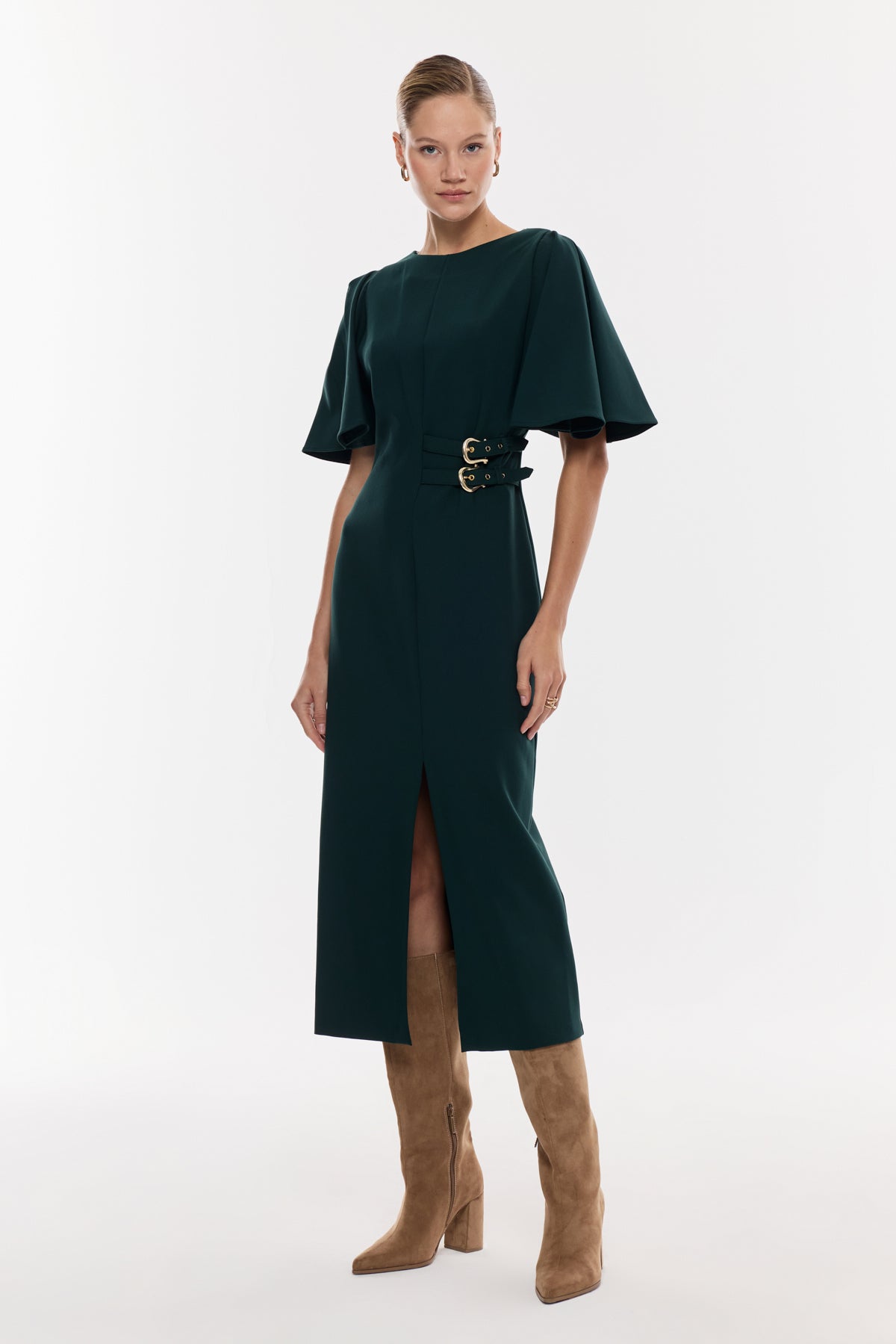 Kemer Detaylı Yırtmaçlı Midi Elbise