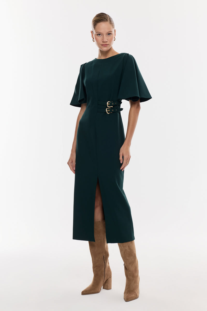 Kemer Detaylı Yırtmaçlı Midi Elbise