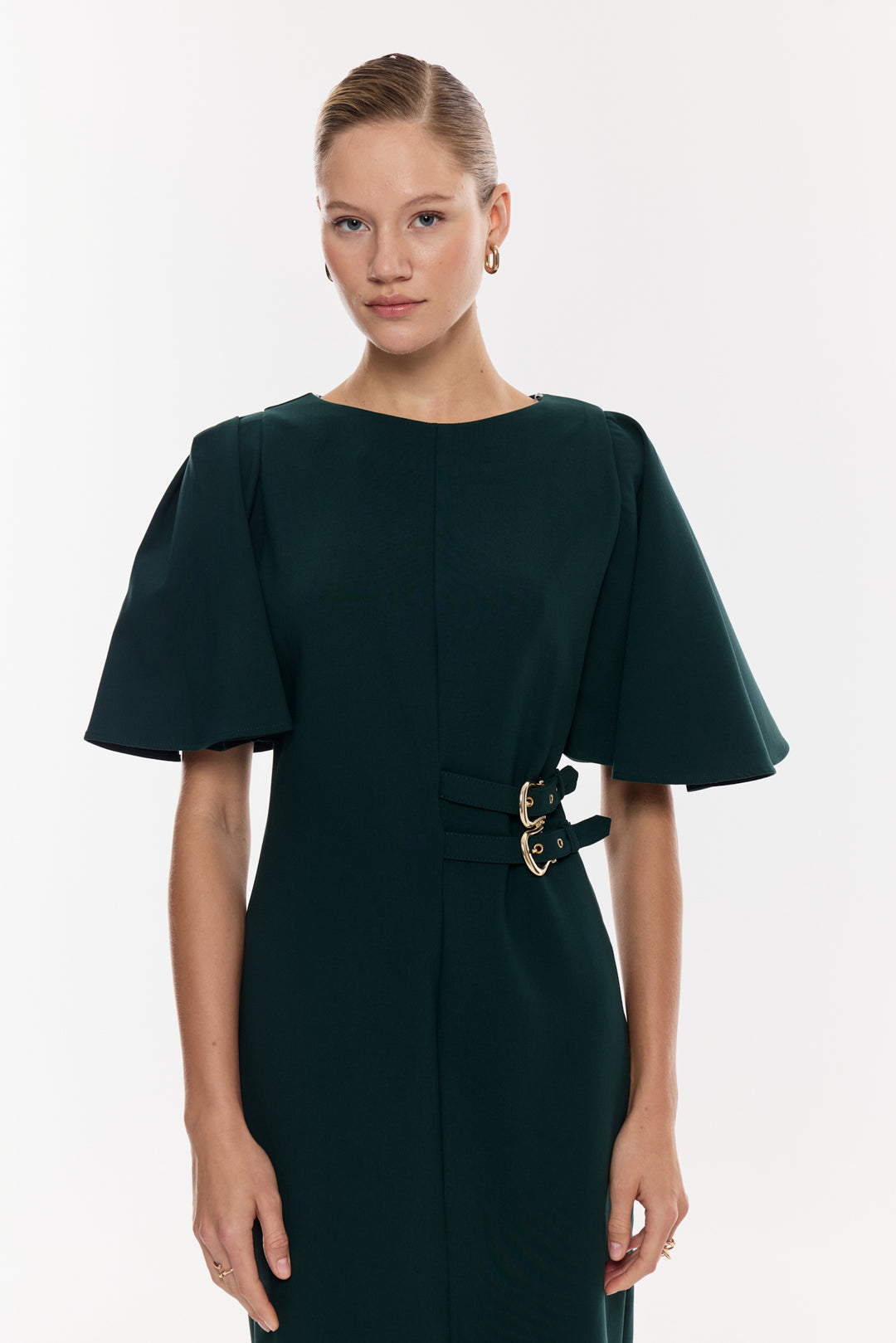 Kemer Detaylı Yırtmaçlı Midi Elbise