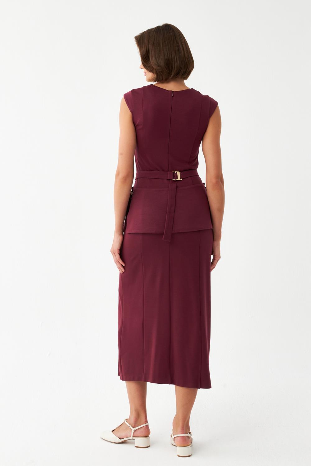Kemerli Midi Elbise BORDO