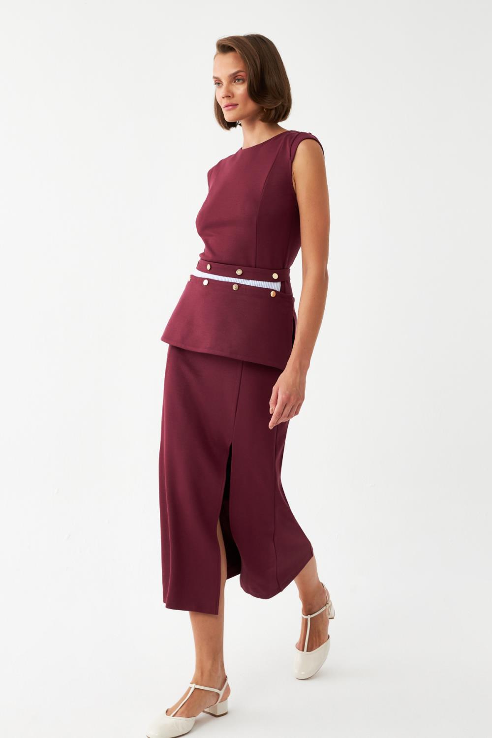 Kemerli Midi Elbise BORDO