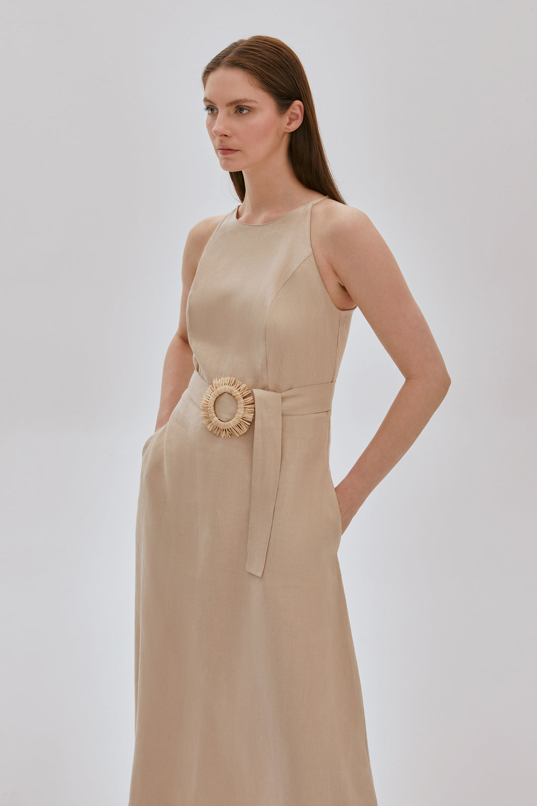 Kemerli Pamuk Midi Elbise Bej