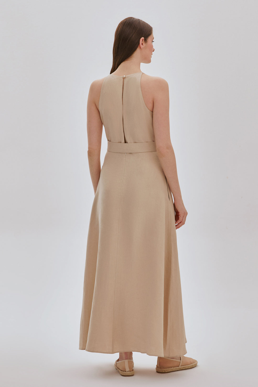 Kemerli Pamuk Midi Elbise Bej