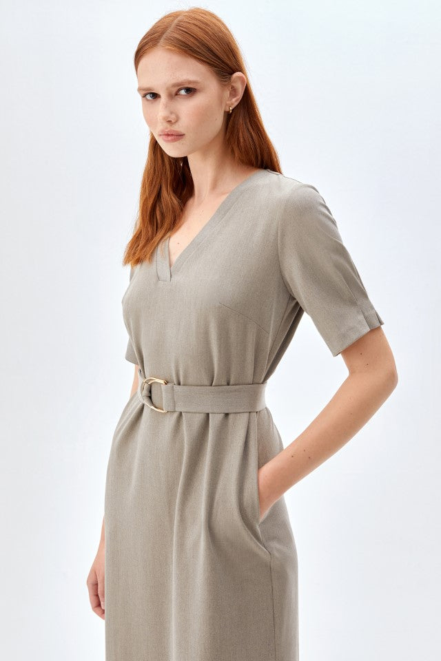 Kısa Kol, Kemerli Yırtmaçlı Elbise