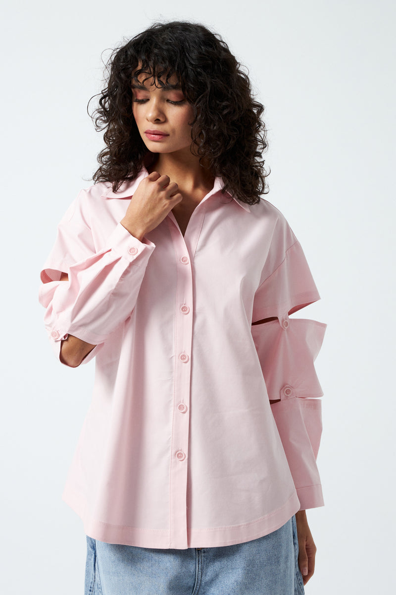 Kolları Yatay Kesik Detaylı Oversize Gömlek PEMBE