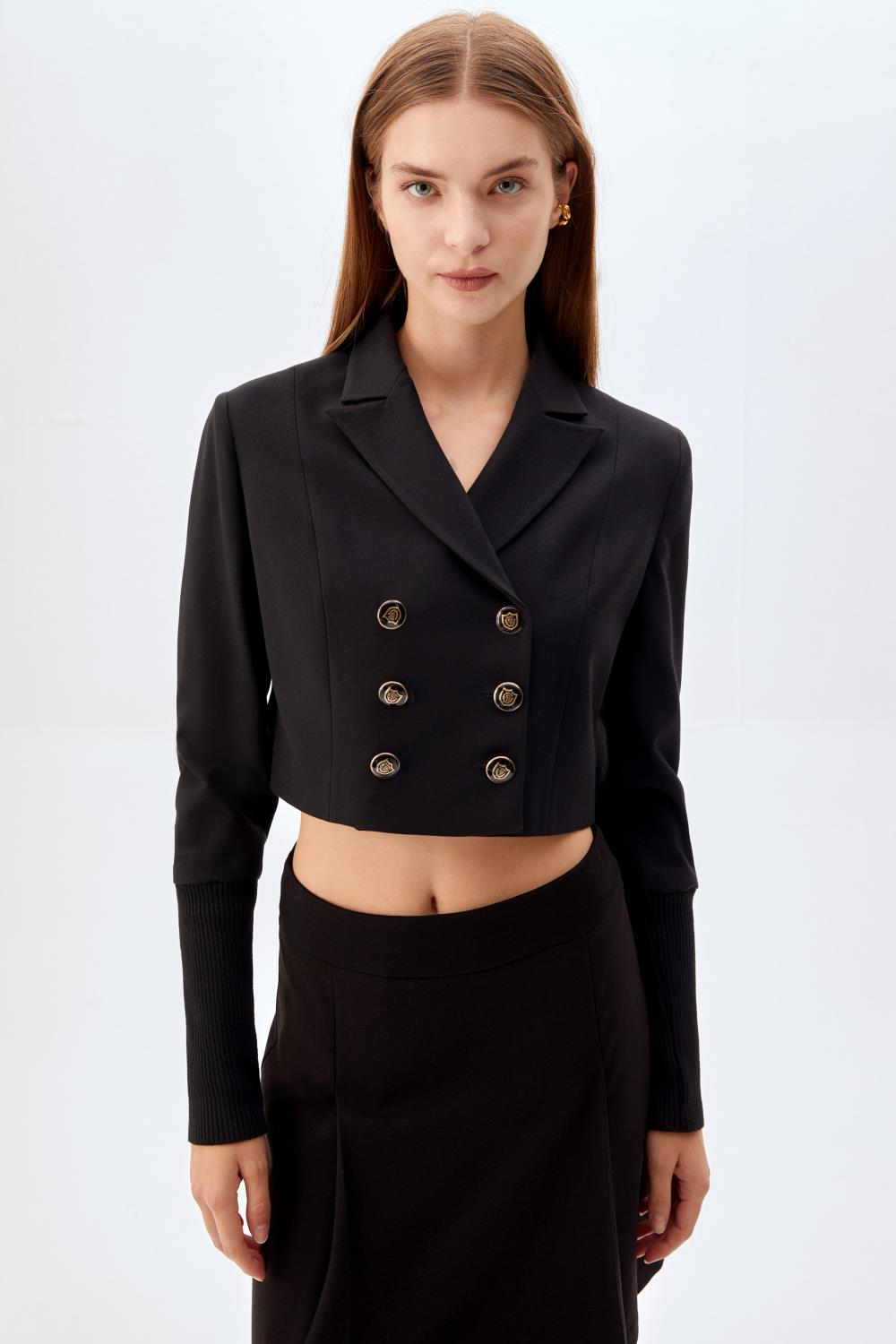 Kruvaze Kapama Crop Ceket SİYAH