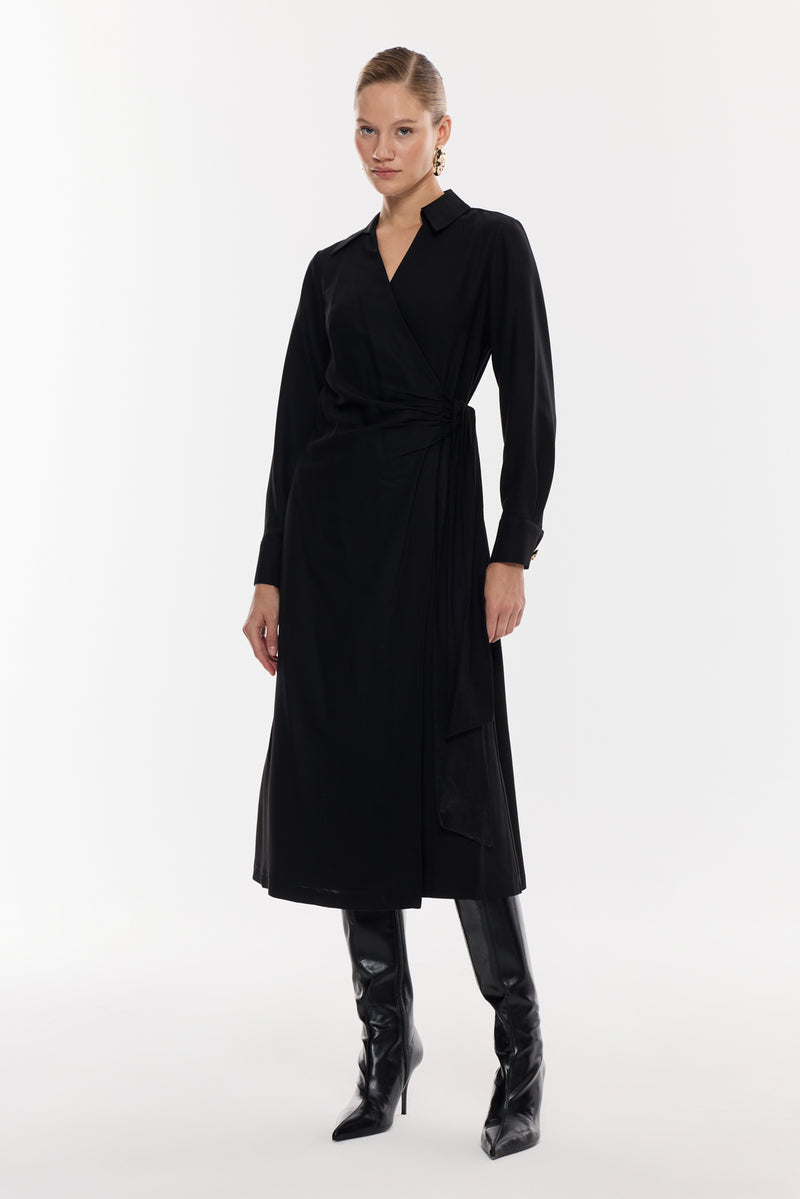 Kruvaze Kuşaklı Midi Elbise