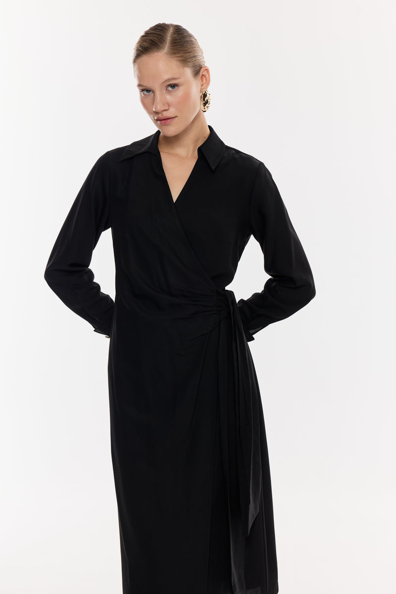 Kruvaze Kuşaklı Midi Elbise