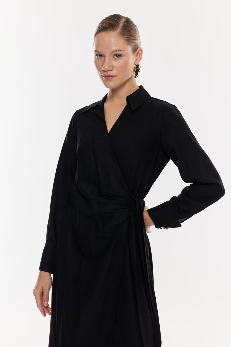 Kruvaze Kuşaklı Midi Elbise