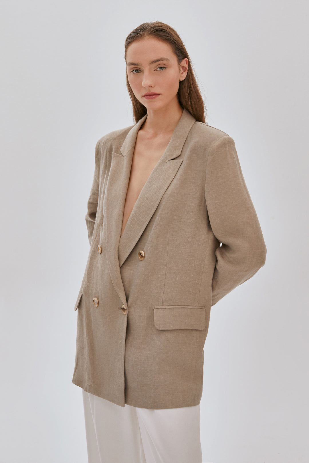 Kruvaze Oversize Keten Ceket Vizon