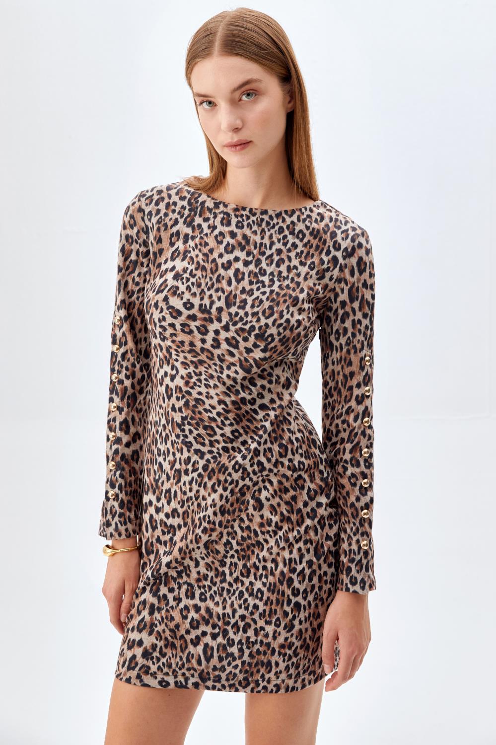 Leopar Desenli Mini Elbise CAMEL