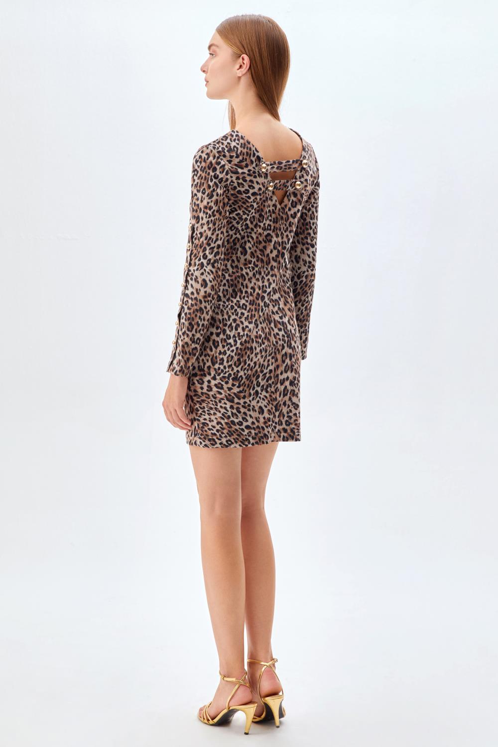 Leopar Desenli Mini Elbise CAMEL