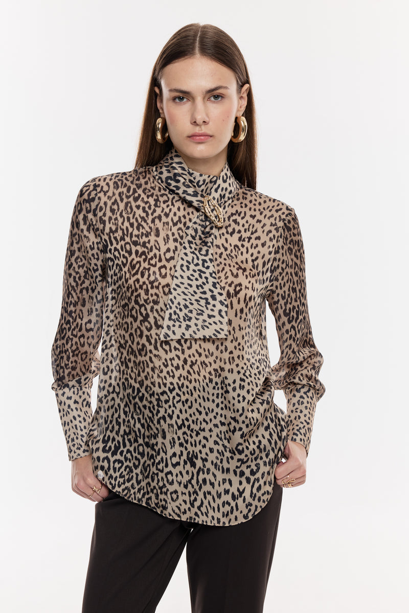 Leopar Desenli Fular Yaka Bluz