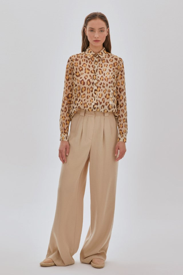 Leopar Desenli Şifon Gömlek Bej