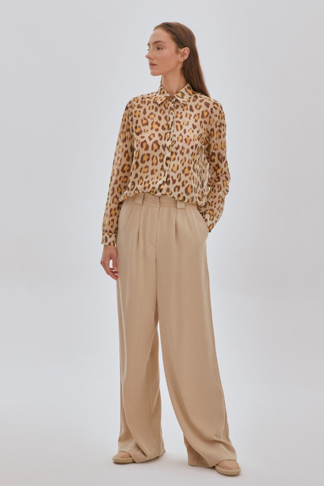 Leopar Desenli Şifon Gömlek Bej