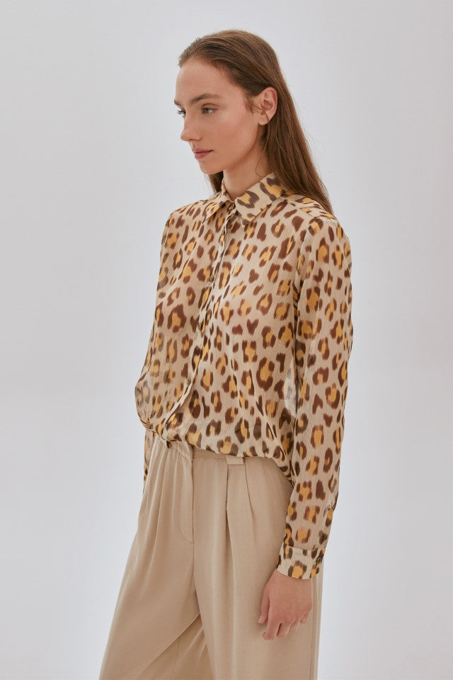 Leopar Desenli Şifon Gömlek Bej