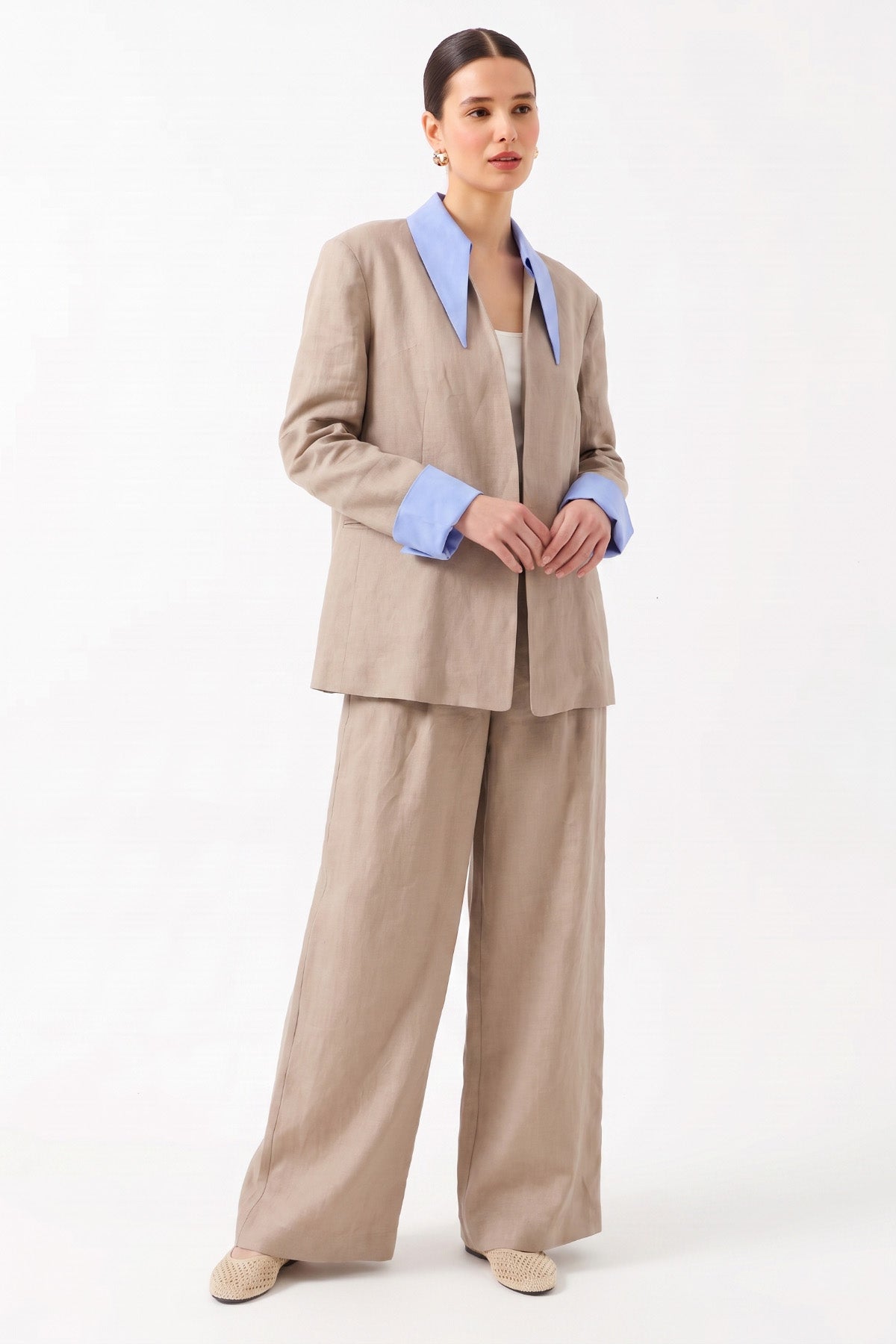 Oversize Gömlek Yaka Uzun Kollu Pantolonlu Takım BEJ